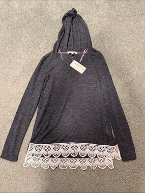 Rewind Charcoal Hooded Knit Top with White Lace Trim